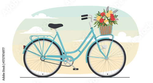 Charming blue bicycle with vibrant floral basket for whimsical designs or sustainable lifestyle content, adding a touch of joy and eco friendly transport
