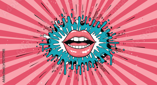A vibrant pop art illustration of an open mouth with lips splattered with blue liquid and radiating pink lines.