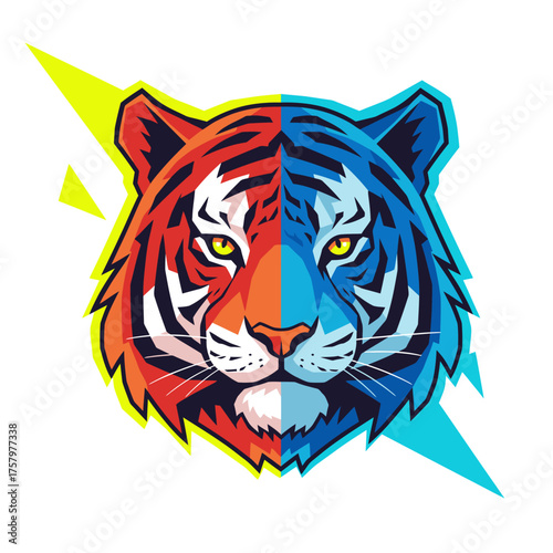 A striking graphic illustration of a tiger's head, dynamically split into vibrant red and cool blue halves, symbolizing duality and power.
