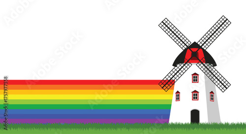 Vibrant windmill stands proudly against a rainbow striped background, symbolizing diversity, inclusion, and progress in a pastoral setting