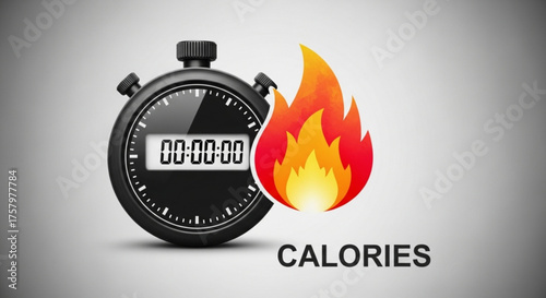 Stopwatch with Flame and Calories Text on White Background
