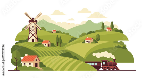 Charming countryside vista unfolds with a vintage train chugging past quaint cottages and a historic windmill under a soft, cloudy sky