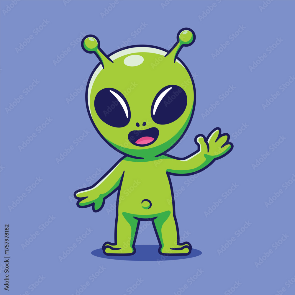 Obraz premium Adorable Friendly Green Alien Character Waving a Cheerful Greeting, Expressing Happiness and Welcome from Outer Space