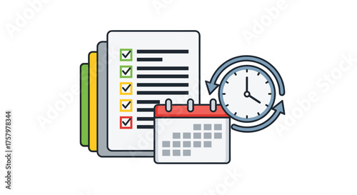 Organize your projects and tasks efficiently with this checklist, calendar, and clock graphic symbolizing effective time management and productivity