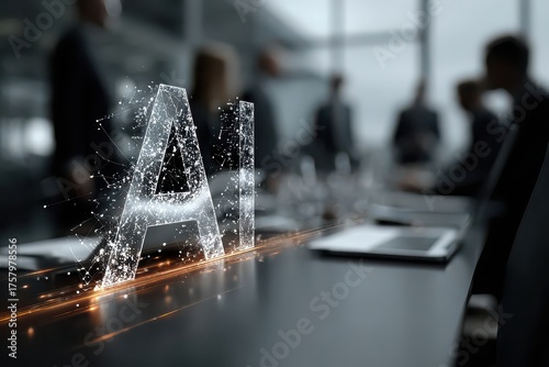 Business people in a meeting room background shows a large letter artificial intelligence hologram and various large icons of networks representing artificial intelligence smart company.