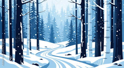 Serene winter forest path dusted with fresh snow, inviting a peaceful journey through a tranquil, stylized blue landscape under falling flakes