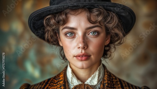 A young woman with curly hair stands confidently, wearing unique vintage clothing. Her expressive blue eyes and slight smile convey a sense of warmth and charm in a colorful setting.