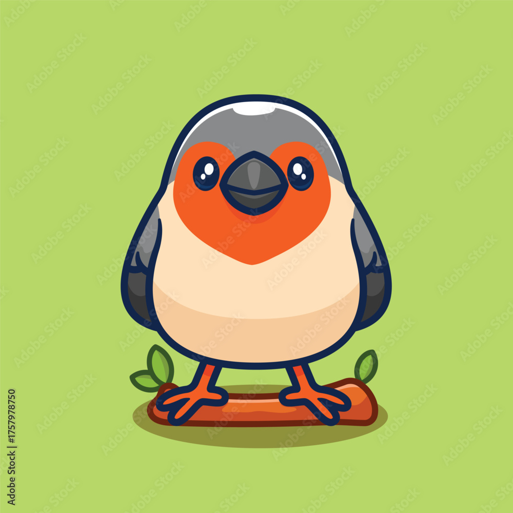 Obraz premium Adorable cartoon finch perching on a small branch, featuring a cute red chest and grey feathers, perfect for nature and animal themes