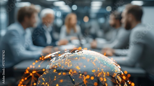 a group of business people in an office meeting room, with a digital globe and network connections to the world floating above them, with a meeting room background.
