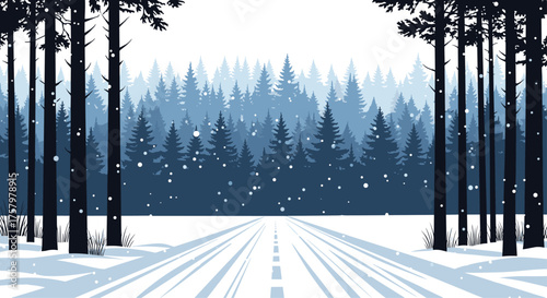 Journey into winter wonderland with a snowy forest road beckoning through falling snowflakes, a serene and inviting landscape scene