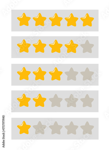 Flat cartoon style rating stars from one to five showing different evaluation levels, designed for customer review, feedback, and user experience interface with minimal shading.