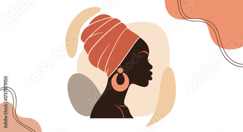 An artistic depiction of a woman wearing a headwrap and large earrings.