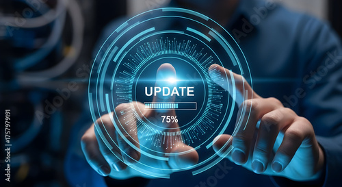 Modern technology user initiates software update on futuristic digital interface
