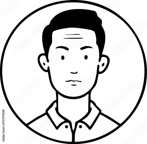 Simple illustration of a man's face in a circular frame, representing a profile
