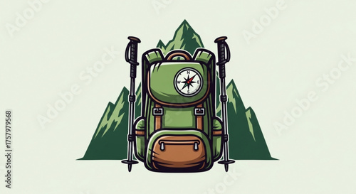 Illustration of a hiking backpack with trekking poles and mountain background, representing adventure, exploration, and outdoor activities