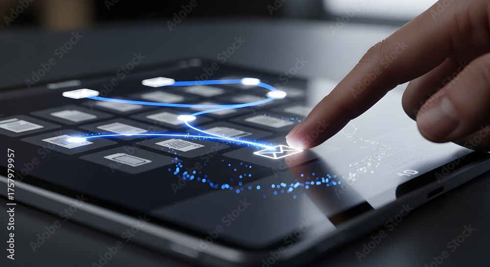 Fototapeta premium Finger touching tablet screen with glowing digital email icon and data flow