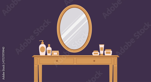 Elegant vanity with oval mirror and cosmetic bottles creating a serene morning routine or beauty product display