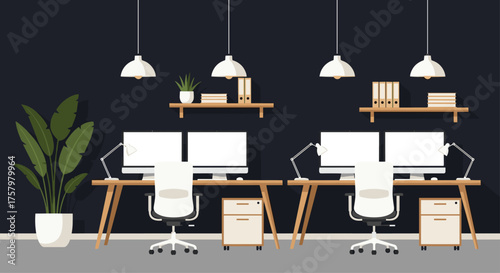 Modern minimalist office space featuring dual computer workstations, sleek desks, ergonomic chairs, and a large potted plant creating a productive, professional atmosphere
