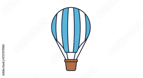 Illustration of a blue and white striped hot air balloon with a brown basket for travel and adventure concepts