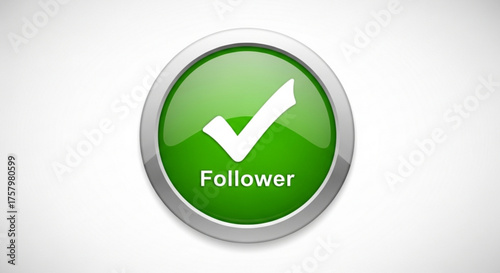 Green follower button with check mark for social media, indicating a successful follow or subscription