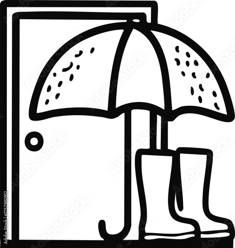 A simple line drawing of an umbrella and rain boots waiting by a door, representing preparedness for a rainy day and arriving home safely