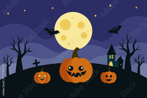 Halloween watercolor moonlight background with pumpkins below