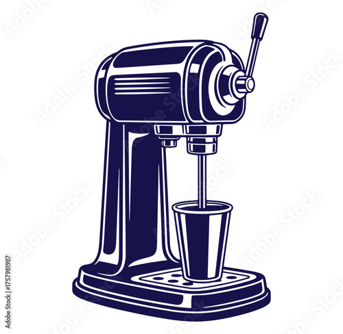 Vintage blue milkshake machine illustration isolated on white background ready to make sweet drinks