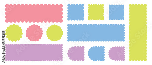 Geometric shapes with scallop and zigzag edges set. Zig zag edge circle, square, rectangle, round shape collection.  Wiggle Line Design Sign Background.