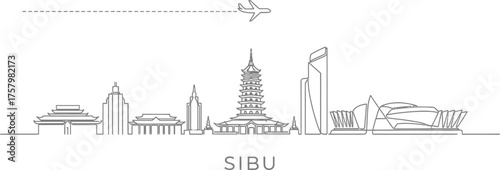 Sibu Skyline with Airplane Travel Line Art