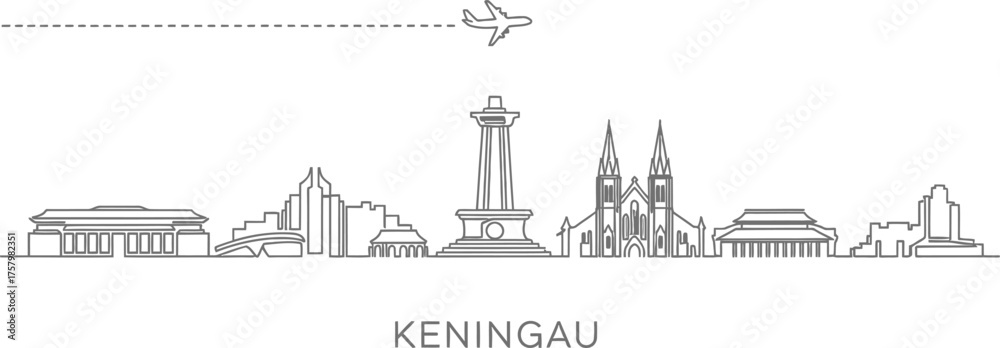 Naklejka premium Keningau City Skyline with Airplane Flying Overhead