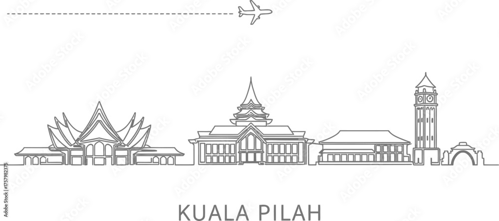 Fototapeta premium Kuala Pilah Skyline with Airplane and Flight Path