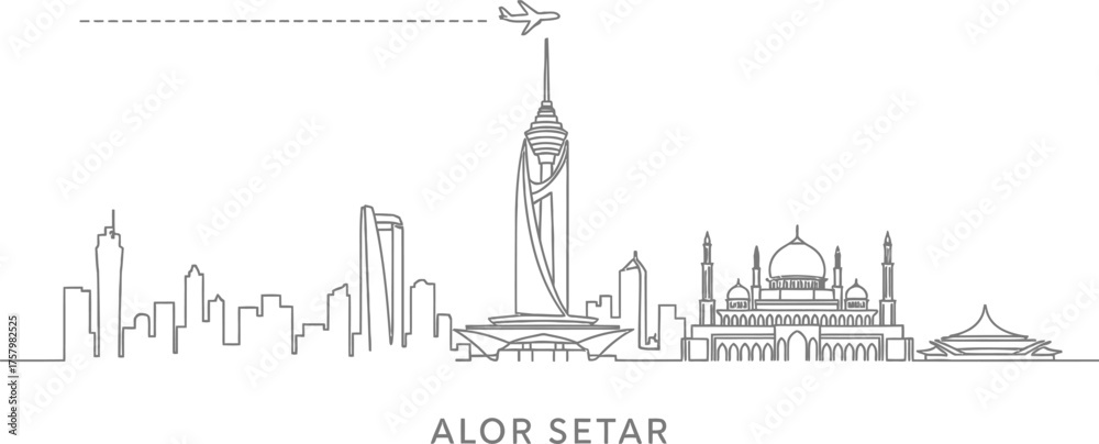 Fototapeta premium Alor Setar Skyline Linear Vector With Airplane