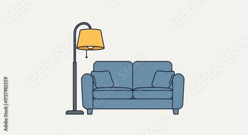 Illustration of a cozy living room setup, featuring a blue sofa and a stylish floor lamp with a yellow lampshade