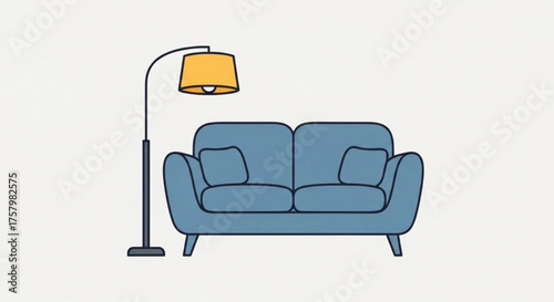 Illustration of a comfortable living room setup, featuring a blue sofa and a stylish floor lamp with a yellow lampshade