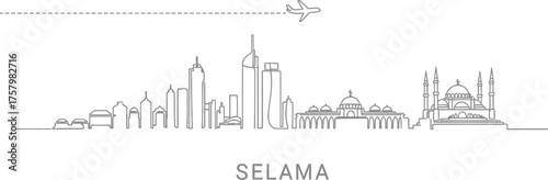 Minimalist Line Art Cityscape with Airplane and Word "SELAMA"