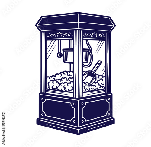 Vintage popcorn machine illustration featuring a detailed outline design suitable for retro themes