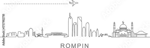Rompin Skyline with Airplane and Mosque Line Art