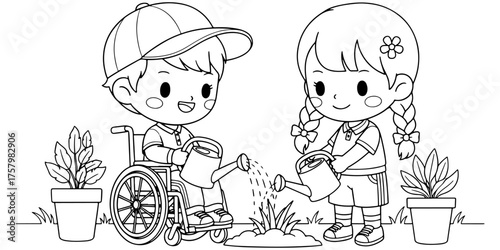 Happy Chibi Kids with Wheelchair Watering Flowers Coloring Page