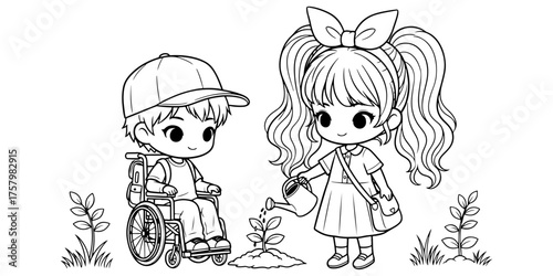 Chibi Kids Watering Plants Coloring Page Inclusive Wheelchair