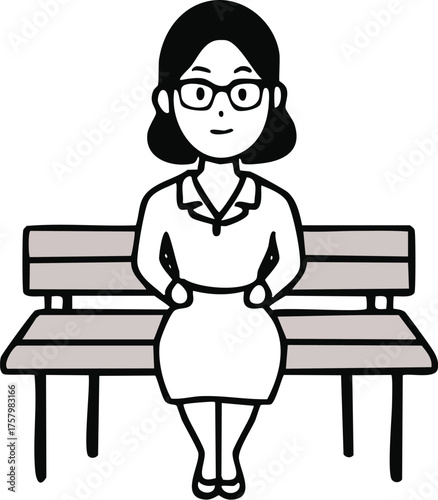 Minimalist black and white line art depicting a composed woman in glasses, dressed professionally, seated patiently on a park bench, embodying a moment of quiet contemplation or urban waiting