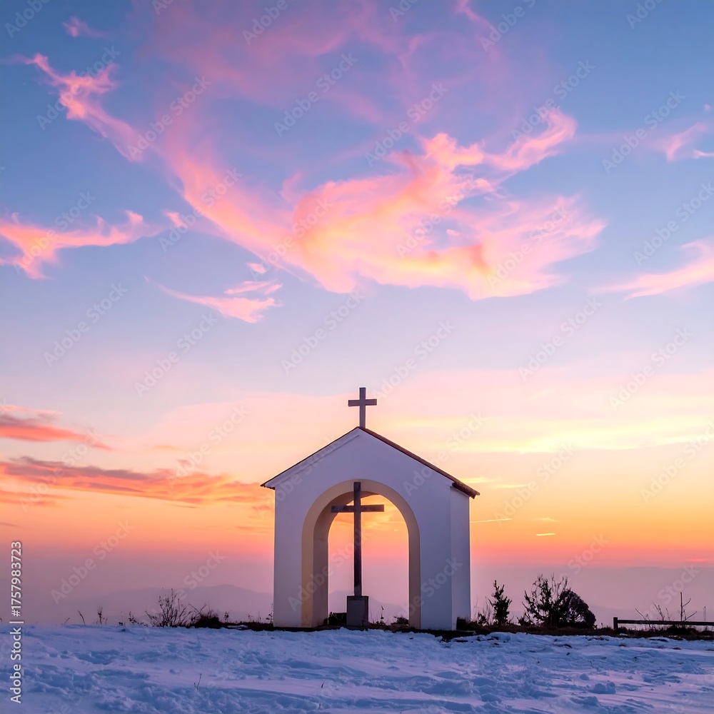 Fototapeta premium Serene mountain chapel silhouetted by a colorful sunset