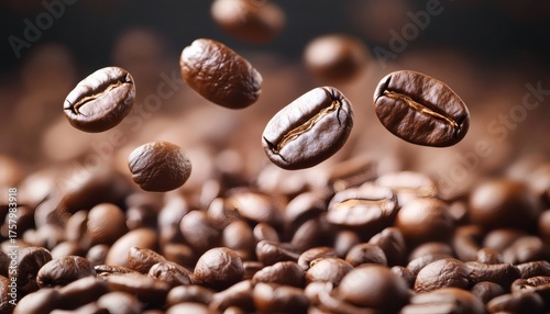 Roasted coffee beans falling on a heap of beans