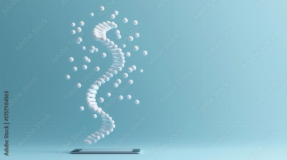 Obraz premium Digital DNA strand floating above modern tablet in clinical environment