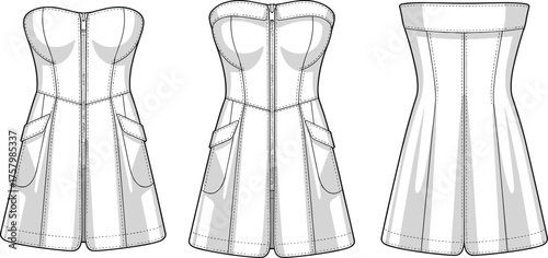 Strapless romper flat sketch, vector CAD drawing, sweetheart neckline design, front zipper closure, pocket detail garment illustration, sewing pattern template