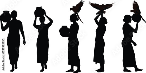 "Traditional women silhouettes carrying pots with parrots perched, cultural lifestyle vector illustration, ethnic heritage, nature harmony, decorative artistic design"