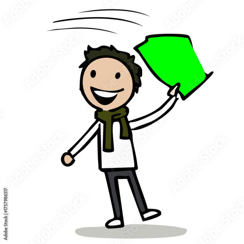 A cheerful cartoon character tosses a green object into the air, exuding a sense of freedom and playfulness. The figure's scarf adds a touch of whimsy to the scene