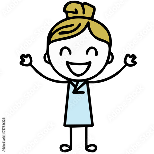 A cartoon person in joyful gesture with her hand up
