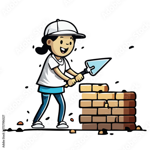 A cheerful child constructing a brick wall with mortar and a trowel, wearing a baseball cap and smiling