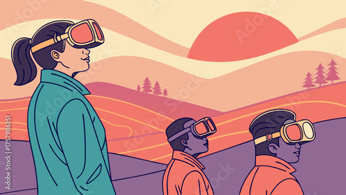 Watching Digital Sunset in Metaverse – Vector Concept of Virtual Reality Future World