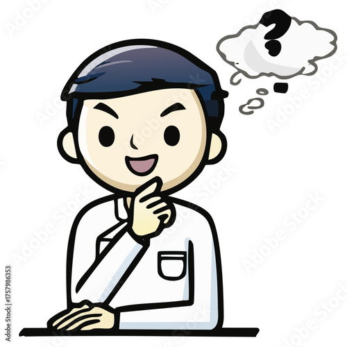 A thoughtful individual contemplating a question mark. His face is expressive, reflecting deep thought